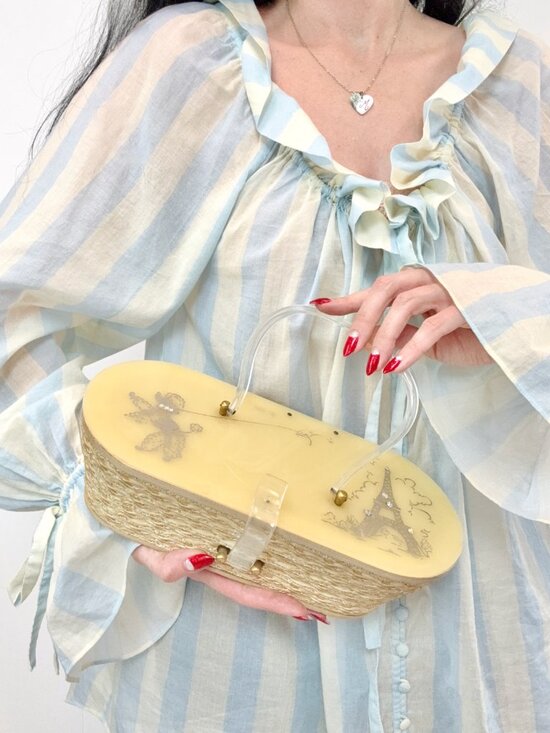 Vintage Handbags - Vintage 1950s Lucite French Poodle Rhinestone Miami Hand Painted Box Purse